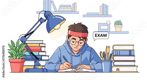 Flat illustration of focused student preparing for exam at desk with books, lamp, and stationery, symbolizing study, education, academic preparation, and dedication to learning