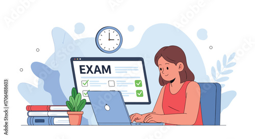 Flat illustration of student taking online exam on laptop with checklist and books, representing digital education, e-learning, study preparation, and academic testing in modern learning environment