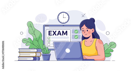 Flat illustration of student taking online exam on laptop with checklist and books, representing digital education, e-learning, study preparation, and academic testing in modern learning environment