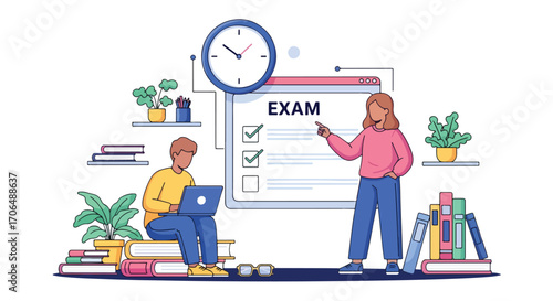 Flat illustration of students preparing for online exam with laptop, checklist, and timer, symbolizing study, digital education, testing, and academic preparation in modern learning environment