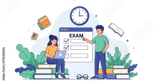 Flat illustration of students preparing for online exam with laptop, checklist, and timer, symbolizing study, digital education, testing, and academic preparation in modern learning environment