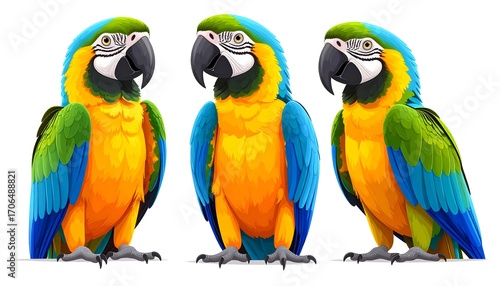 Three colorful macaws, side-by-side