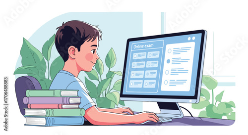 Illustration of student taking online exam on computer at desk with books, representing digital education, e-learning, remote testing, and academic preparation in modern study environment