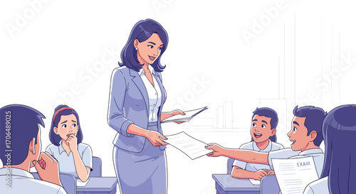 Illustration of teacher handing out exam papers in classroom with students showing mixed emotions of stress and excitement, representing education, testing, and academic preparation