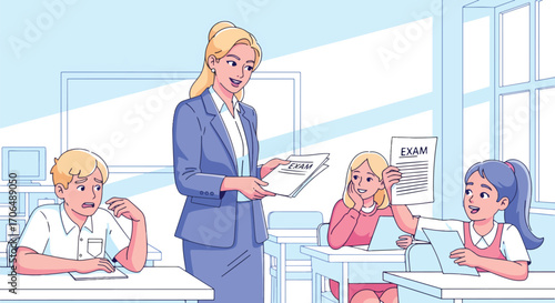 Illustration of teacher handing out exam papers in classroom with students showing mixed emotions of stress and excitement, representing education, testing, and academic preparation