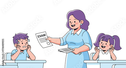 Illustration of teacher handing out exam papers in classroom with students showing mixed emotions of stress and excitement, representing education, testing, and academic preparation