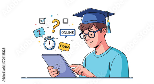 Vector illustration of student in graduation cap taking an online exam on tablet, showing checklist, timer, and digital learning icons, ideal for education, e-learning, and academic concepts
