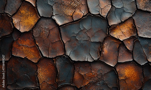Close-up view of cracked earth, exhibiting patterns of varying brown and dark tones
