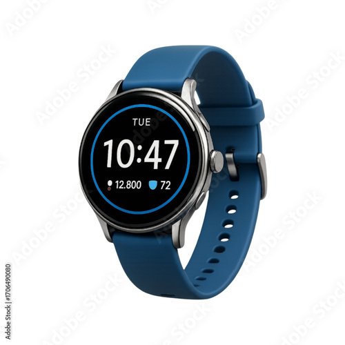 Modern blue smartwatch with digital display isolated on transparent background