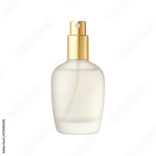Elegant frosted glass perfume bottle with gold spray nozzle isolated on transparent background