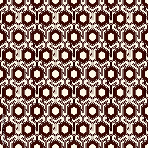 Honeycomb seamless pattern. Hexagon mosaic tiles ornament. Ethnic surface print. Repeated geometric figures background. Ornamental wallpaper. Modern geo design digital paper.