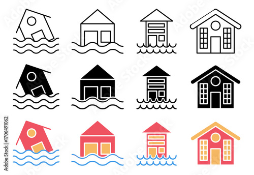 Flooded house icon set