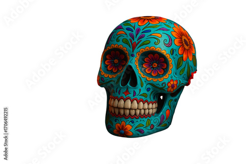A vibrant Neon sugar skull adorned with colorful floral patterns, representing the spirit of Día de los Muertos, celebrating life, death, and Mexican tradition, transparent background. generative ai