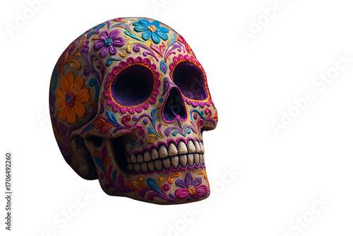 A vibrant Neon sugar skull adorned with colorful floral patterns, representing the spirit of Día de los Muertos, celebrating life, death, and Mexican tradition, transparent background. generative ai