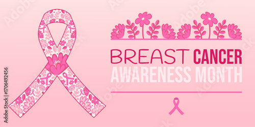 Breast Cancer Awareness Month Banner with Pink Floral Ribbon October Women Health Support Medical Poster Flyer Social Media Template