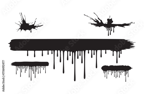 Black Paint Splatters and Dripping Brush Strokes on White Background illustration