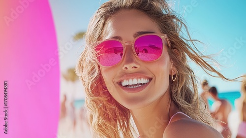 A smiling woman with curly hair wears pink sunglasses on a beach, exuding joy and summer vibes with a colorful background.