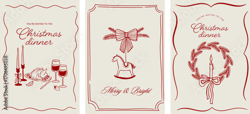 Merry Christmas, hand drawn illustrations, vertical Christmas cards in modern vintage style. Christmas eve dinner, wreath, tree decorations elements