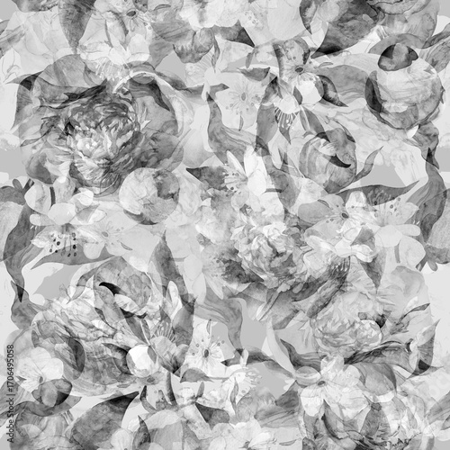Seamless black and white abstract botanical pattern with flower textures in monochrome shades for textiles. High quality illustration
