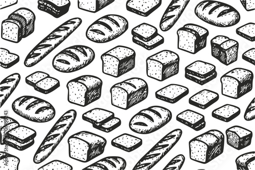 Pattern of different bread products from loaf, loaf and croissants