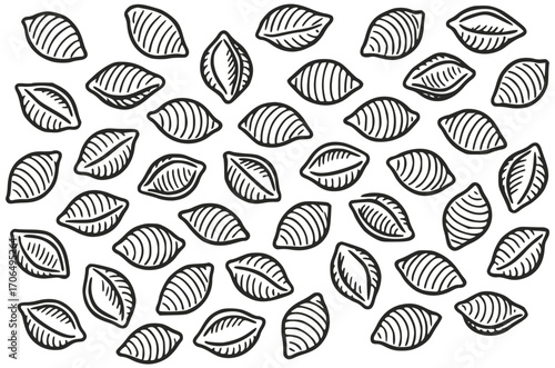 Pattern with shell pasta on white background
