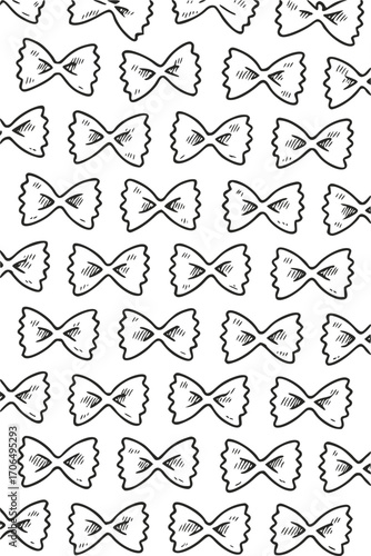 Pasta bows all over the screen. Vector food pattern in doodle style