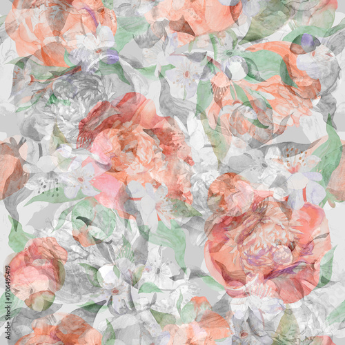 Botanical seamless pattern with abstract flowers and peony sulhouettes for textiles. High quality illustration