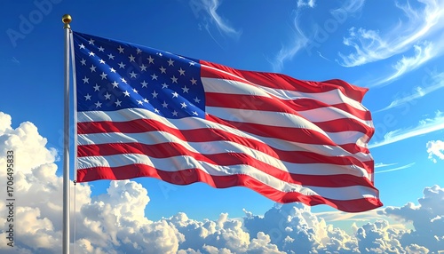 Bandera de Estados Unidos ondeando al viento sobre cielo azul con nubes blancas iluminadas por el sol
