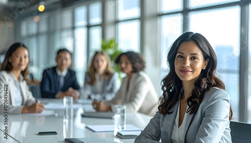 Mujer empresaria liderando reunión corporativa en oficina moderna con equipo de trabajo