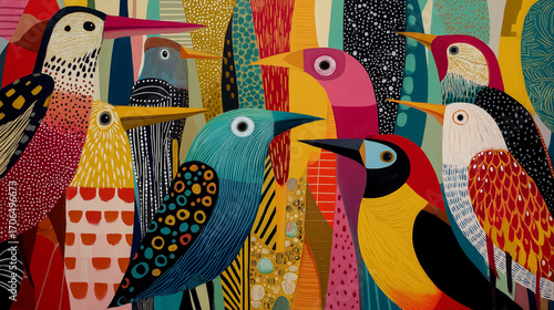 Group of colorful, imaginary birds