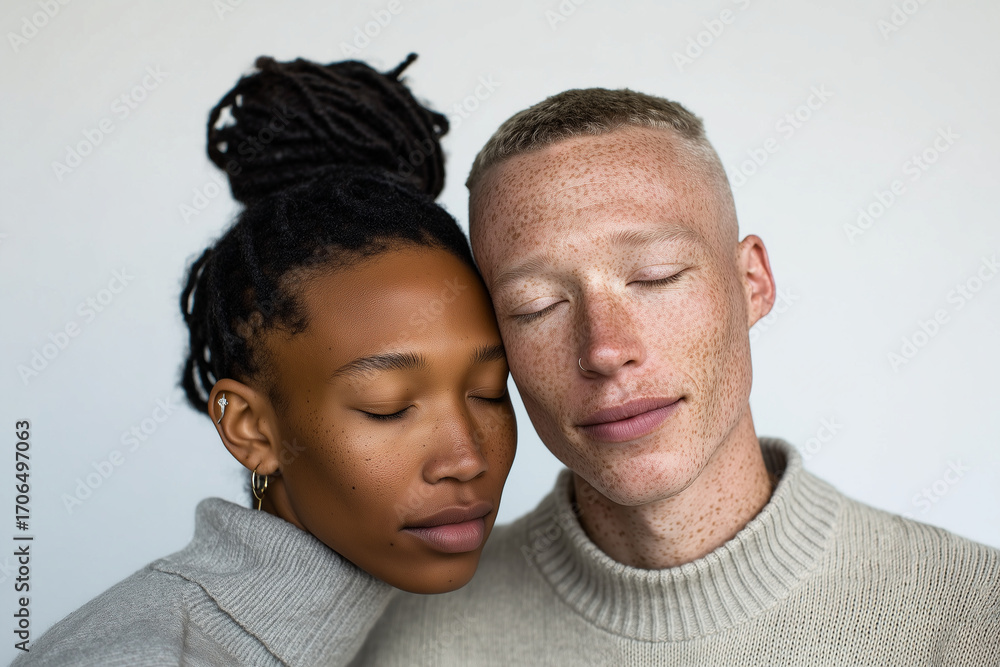Obraz premium Interracial couple embracing with closed eyes