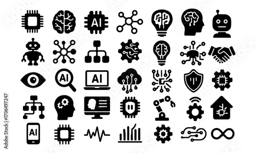 Artificial Intelligence and Technology Flat Vector Icon Set – AI, Robotics, Data