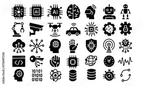 Artificial Intelligence and Technology Flat Vector Icon Set – AI, Robotics, Data