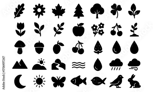 Nature and Wildlife Flat Vector Icons – Plants, Fruits, Animals