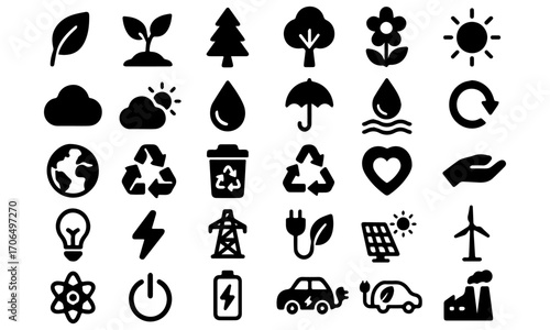 Ecology and Sustainability Flat Vector Icon Set – Recycle, Energy, Nature