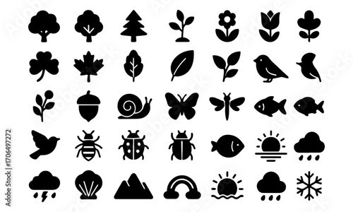 Nature and Wildlife Flat Vector Icons – Plants, Fruits, Animals