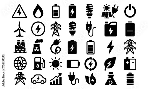 Energy and Electricity Flat Vector Icons – Battery, Solar, Wind, Power