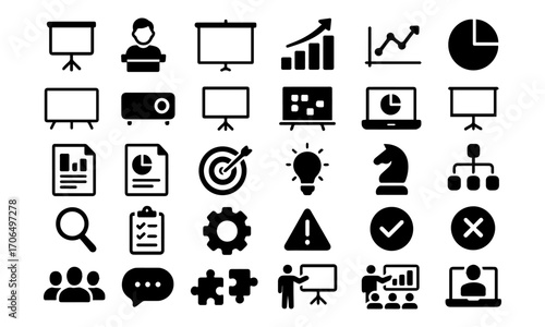 Business Strategy and Management Flat Vector Icons – Charts, Teamwork, Growth