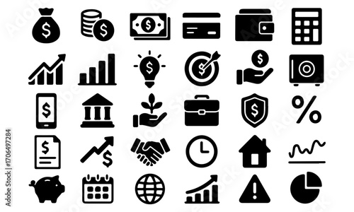 Finance and Business Flat Vector Icons – Money, Wallet, Bank, Charts