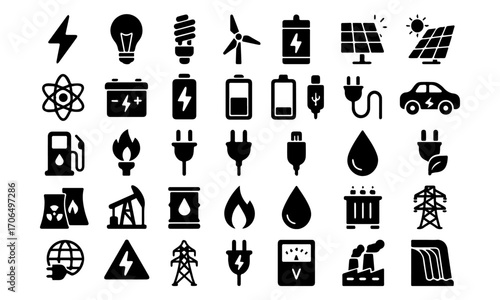 Energy and Electricity Flat Vector Icons – Battery, Solar, Wind, Power