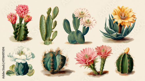 Eight cactus plants, some in bloom