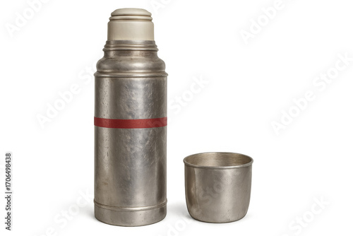 Vintage metal thermos with cup on transparent background