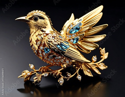 Detailed golden bird brooch with gemstones