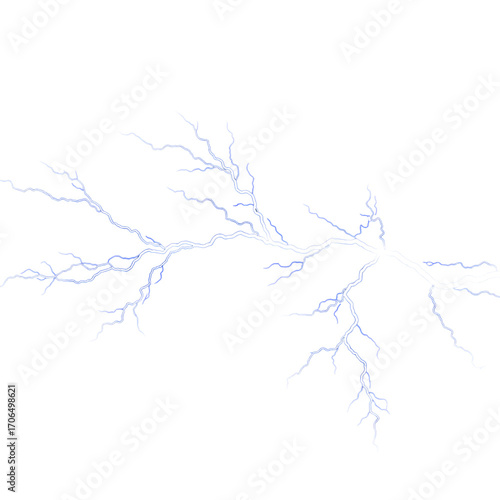 Bright white and blue lightning bolt branches crackling across a dark expanse isolated on a transparent background