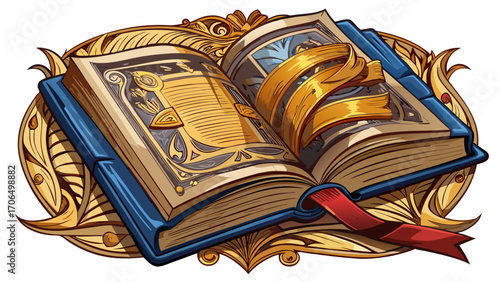 Open antique book with golden-etched lettering and velvet bookmark, a whisper of history and knowledge resting quietly.