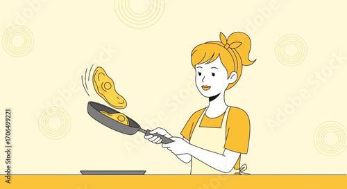 Woman Preparing Tasty Meal, Flipping Egg and Smiling, Cooking in Kitchen Background