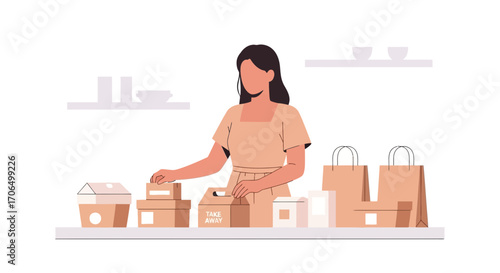 Woman Preparing Takeaway Orders In Modern Restaurant, Perfect For Online Delivery Services