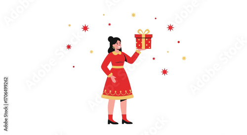 Woman Presenting a Christmas Gift with Festive Stars Around Her Celebrating Happiness