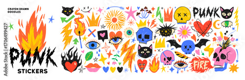 Punk and rock style crayon drawn stickers. Skull, eye, cat, and fire illustrations. Scribble stickers for tattoo art. Doodle funky punk elements, emo gothic heart symbols. Mystical illustrations.