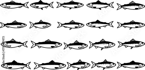 sardine silhouette line art vector illustration with a white background set 